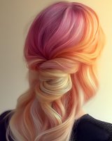 Elegant updo hairstyle with pink to peach ombre hair color gradient, showing soft waves and twisted bun detail against neutral background. Professional salon result.