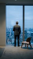 Businessman in dark suit standing at floor-to-ceiling window overlooking cityscape, back view, modern office interior with wooden chair, daytime corporate environment for business success concepts.