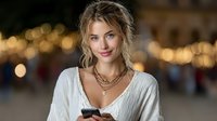 Young blonde woman with layered necklaces holding smartphone at night, soft bokeh lights in background creating romantic urban atmosphere.