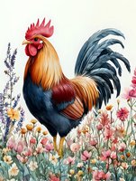 Colorful rooster standing among wildflowers and lavender in garden setting, featuring vibrant plumage in blue, red and golden tones against floral background.