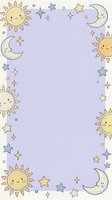 Cute celestial frame with smiling suns, crescent moons and stars on purple background for nursery decor, baby shower invitations and children designs.