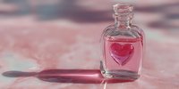 Small glass bottle with pink heart-shaped liquid casting shadow on pink marble surface, symbolizing love potion or romantic fragrance.