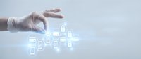 Gloved hand holding digital security icons with padlock symbols, representing data protection, cybersecurity, and encrypted network technology for business solutions.