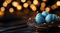 Speckled blue eggs in dark nest with warm bokeh lights background creates magical spring atmosphere. Decorative LED string lights add cozy glow.
