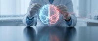 Businessman in suit holding glowing neon brain hologram split into blue and red hemispheres, representing left and right brain thinking, creativity, logic, and innovation in modern business.