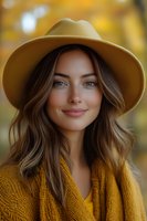 Young Caucasian woman with wavy brown hair wearing mustard yellow sweater and wide-brimmed hat smiling outdoors in autumn setting with warm bokeh background.