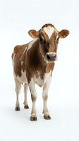 Brown and white dairy cow standing facing camera against white background, suitable for agricultural, farming, livestock, and dairy industry marketing materials.