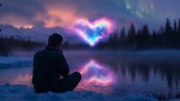 Silhouette of man sitting by lake at dusk with glowing heart aurora in night sky, magical northern lights reflection on water surface creates romantic atmosphere.