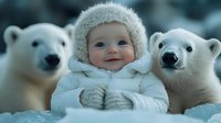 Smiling Caucasian baby in winter attire between two polar bear faces, wearing fuzzy white hat and light blue coat against snowy background. Fantasy composite.