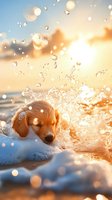Golden retriever puppy playing in ocean waves at sunset, surrounded by splashing water droplets and sea foam, creating magical summer atmosphere.