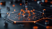 Glowing orange molecular structure on dark hexagonal surface with connected nodes, illustrating scientific research and chemical compounds in modern laboratory.