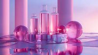 Glass bottles with pink liquid on metallic podium surrounded by transparent spheres in modern minimalist setting with soft neon lighting and reflective surface.