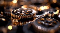 Two gold wedding rings rest on a reflective surface with warm bokeh lights and blurred background, symbolizing love and commitment for engagement, marriage, and romantic occasions.