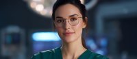 Young female medical professional in green scrubs and round glasses smiling confidently at camera, dark hair pulled back, against blurred hospital background.