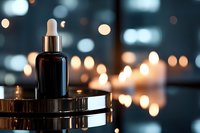 Luxury skincare serum bottle with dropper on reflective surface against blurred city lights background for premium beauty and cosmetic products.