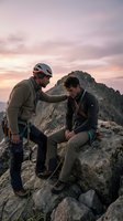 Two male rock climbers on mountain summit at sunset, one wearing helmet and safety gear offering encouragement to seated partner. Adventure sports and outdoor climbing training.