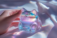 Holographic crystal cat figurine with iridescent rainbow reflections held in hand against soft pink background, modern aesthetic decor piece.