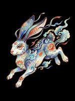 Ornate mythical rabbit with flowing decorative patterns in blue, orange, and gold, isolated on transparent background. Ready for t-shirt design, clipart, stickers, sublimation, and print-on-demand products.