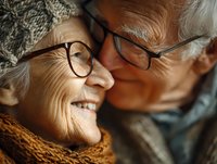 Happy senior couple embracing intimately, elderly man and woman with glasses sharing tender moment together, love and companionship in golden years.