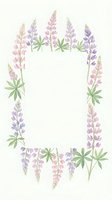 Watercolor lupine flower frame with purple and pink blooms on cream background for wedding invitations and spring botanical designs.