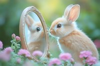 Adorable baby bunny looking at reflection in vintage oval mirror surrounded by pink spring flowers in garden setting, creating magical woodland atmosphere.