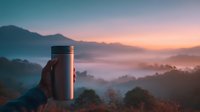 Hand holding stainless steel travel mug against backdrop of misty mountains at sunrise, showcasing outdoor adventure and morning tranquility.