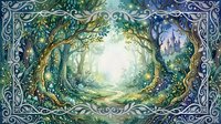 Mystical forest portal with ancient trees and magical light surrounded by ornate Celtic border frame for fantasy storytelling and enchanted designs.
