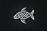 White Celtic fish design with tribal knots and patterns on black background, isolated symbol for logo, tattoo art and graphic elements.