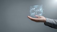 Businessman hand presenting holographic financial data analytics dashboard with charts and graphs for business intelligence and data visualization.