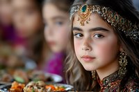 Young girl wearing traditional ornate headpiece and jewelry with turquoise stones and gold details, soft natural makeup and gentle expression against blurred background.