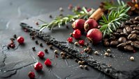 Fresh cranberries, coffee beans, rosemary sprigs and spices scattered on dark stone background with dramatic lighting and copy space for food design.