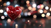 Shiny red heart-shaped balloon floating against blurred bokeh lights background creates romantic atmosphere for Valentine's Day, anniversaries, or love celebrations.