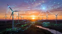 Smart grid technology connecting wind turbines at sunset with digital network overlay showing renewable energy infrastructure and data connectivity.