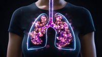 Glowing pink and purple anatomical lungs visualization against dark background showing respiratory system with luminous effect for medical concept.