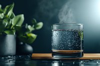 Glass of sparkling mineral water with bubbles and steam on wooden coaster against dark background, with green plant decoration. Refreshing beverage concept.