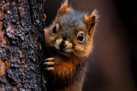 Curious red squirrel peeking from behind tree bark in forest, close-up portrait showing bright eyes and orange fur against dark background. Wildlife photography.