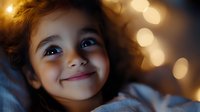Young mixed-race girl with curly hair smiling peacefully while lying down with warm golden bokeh lights creating magical atmosphere for bedtime stories.