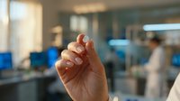 Closeup of hand holding small transparent glass vial in modern laboratory setting with blurred scientific equipment and staff in background for research and medical testing purposes.
