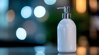 White ceramic soap dispenser with pump on blurred bokeh background for modern bathroom and kitchen hygiene products display.