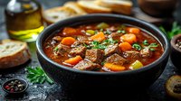 Hearty beef stew with tender meat chunks, carrots, and herbs in rich tomato broth, served with crusty bread and olive oil for comforting meal.