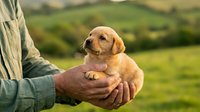 Golden retriever puppy held in hands of farmer outdoors in rural countryside setting, perfect for pet care, agriculture, and lifestyle marketing campaigns.