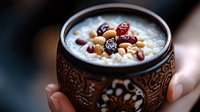 Creamy oatmeal porridge with dried cranberries and nuts served in ornate ceramic bowl, hands holding warm breakfast, cozy morning food photography.