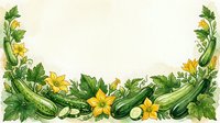 Isolated fresh green cucumbers with yellow flowers and leaves arranged as decorative border frame on white background, ready for culinary design, recipe cards, and food packaging projects.
