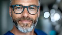 Mature Caucasian businessman with gray beard, blue glasses and confident smile against blurred office background, professional corporate headshot portrait.
