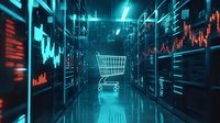 Digital shopping cart icon glowing in futuristic corridor with financial charts and market data visualization, representing e-commerce and online retail technology.