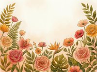 Watercolor floral border with roses, tropical leaves, and wildflowers in warm peach and coral tones, perfect for cards and invitations.