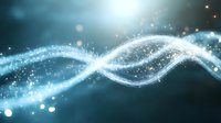 Glowing light waves with sparkles and bokeh effects on dark turquoise background, abstract flowing energy lines with magical particles and blur motion.