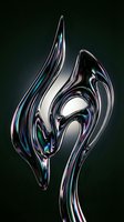 Iridescent liquid metal form with flowing curves and organic shapes, featuring holographic reflections and chrome-like surfaces on isolated dark background.