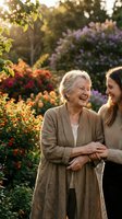 Elderly Caucasian woman and young adult woman walking together through blooming garden with colorful flowers, golden sunlight, and bokeh background. Suitable for family, healthcare, lifestyle, and intergenerational content.