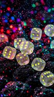 Translucent dice with yellow dots scattered on dark surface surrounded by vibrant multicolored glowing particles and bokeh lights, suitable for gaming and entertainment concepts.